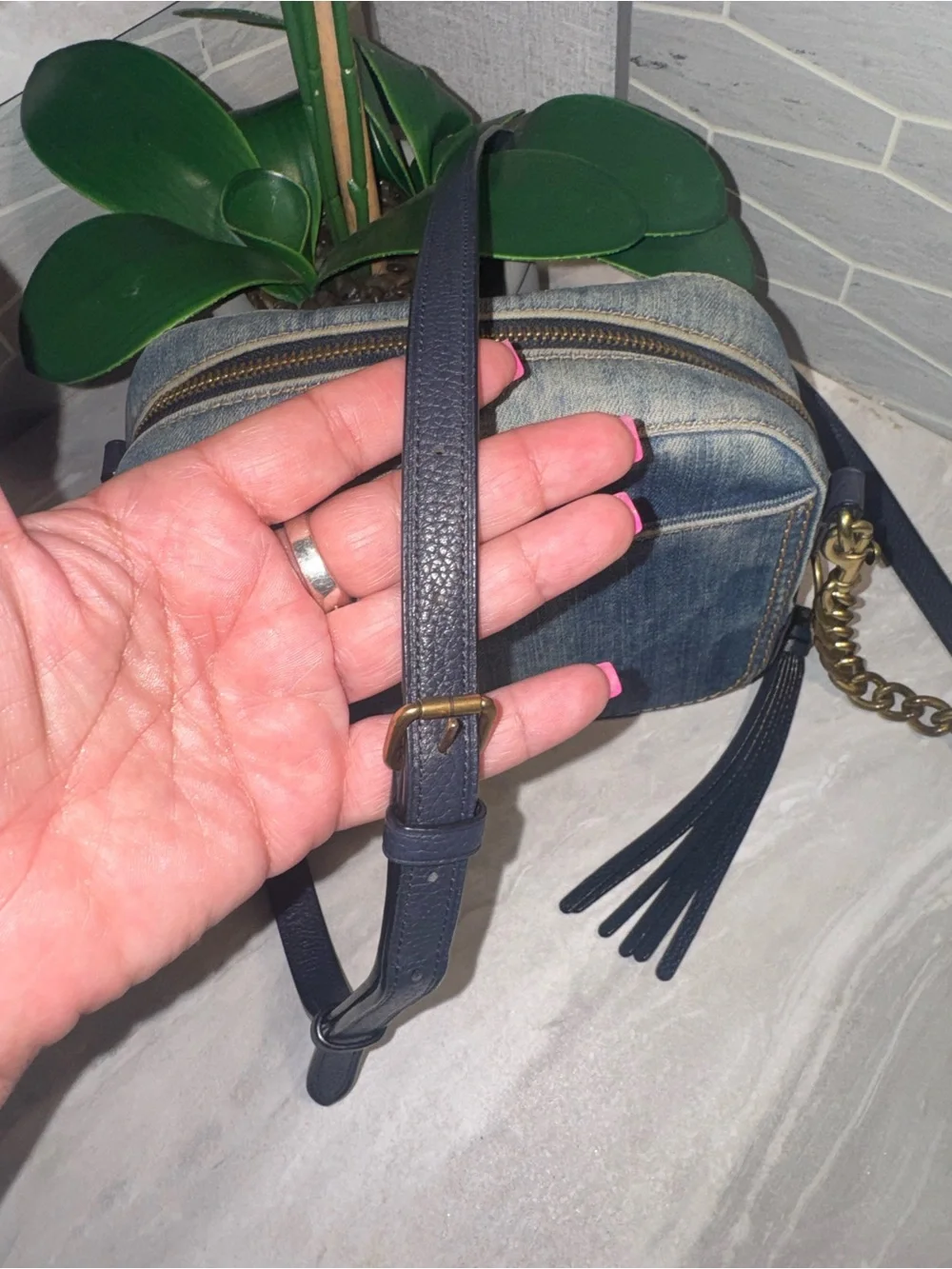 Coach RARE Denim Tea Rose Floral Appliqué Crossbody Bag in Distressed Blue